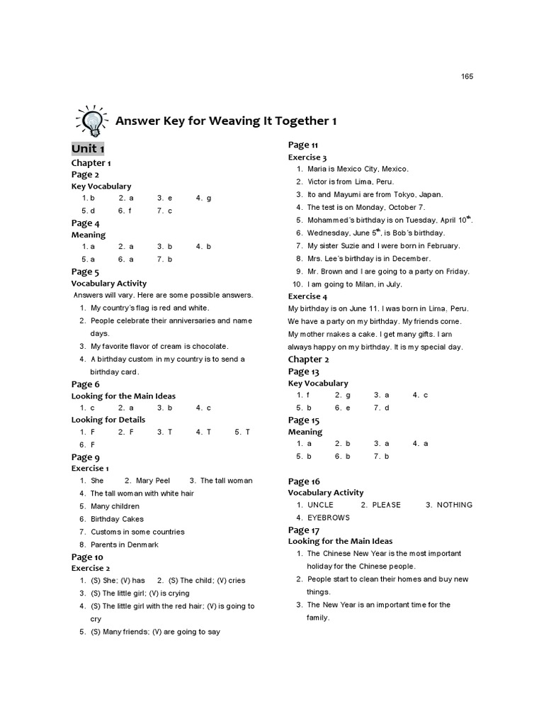 04 Answer Key For Weaving It Together 1 PDF Laughter Coffee
