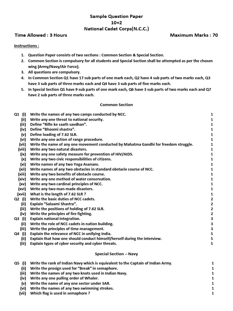 NCC Sample Question Paper 10+2 | PDF | Military | Military Science