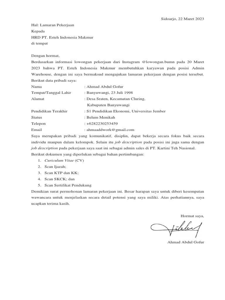 Contoh Surat Lamaran Kerja Es Teh Indonesia | PDF