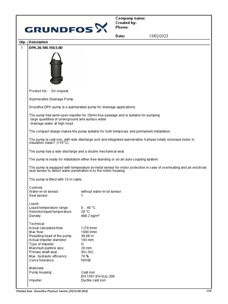 Grundfos DPK Submersible Pump Specs | PDF | Pump | Electric Motor
