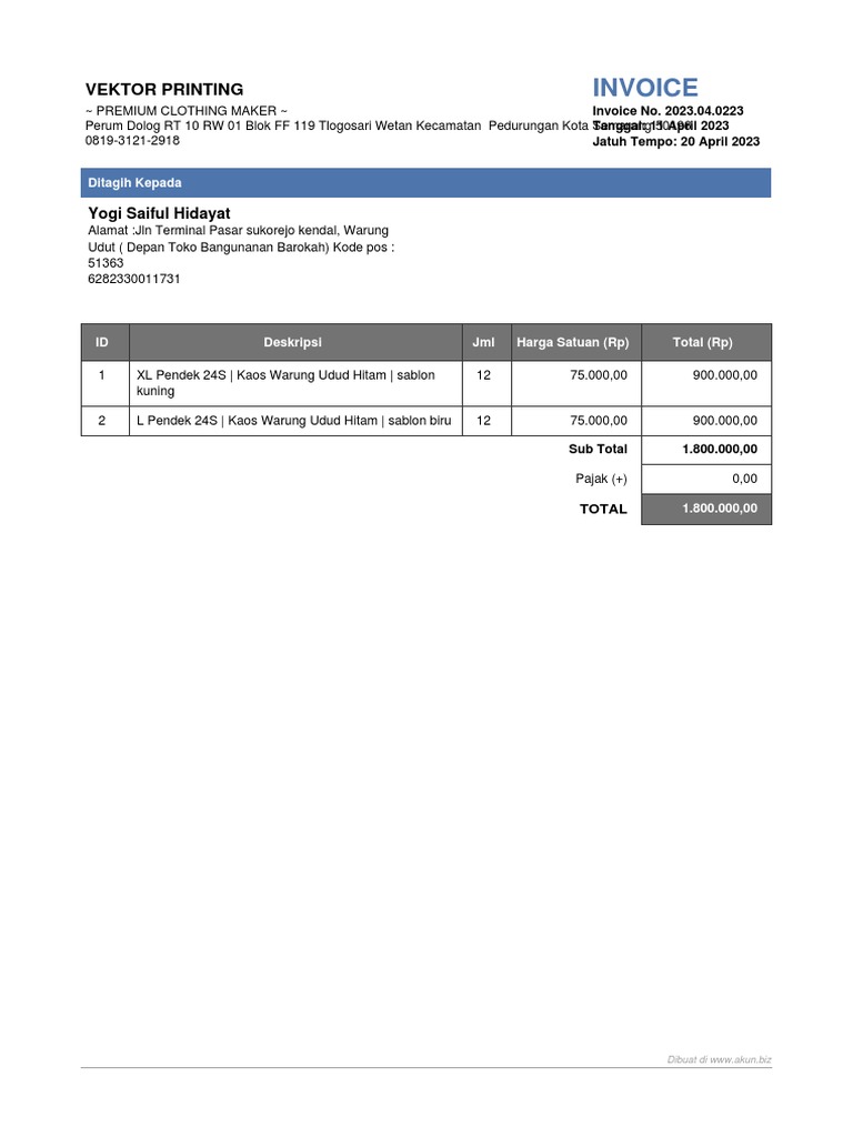 Invoice Sablon Kaos Warung Udud | PDF
