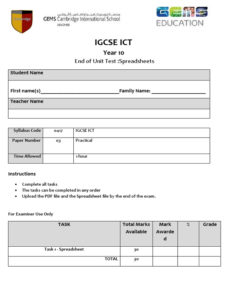 IGCSE ICT Year 10 Spreadsheet Test | PDF | Computers | Technology ...