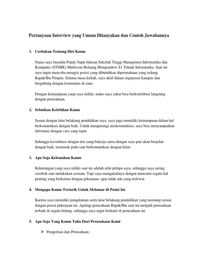 Pertanyaan Interview Yang Umum Ditanyakan Dan Contoh Jawabannya Pdf