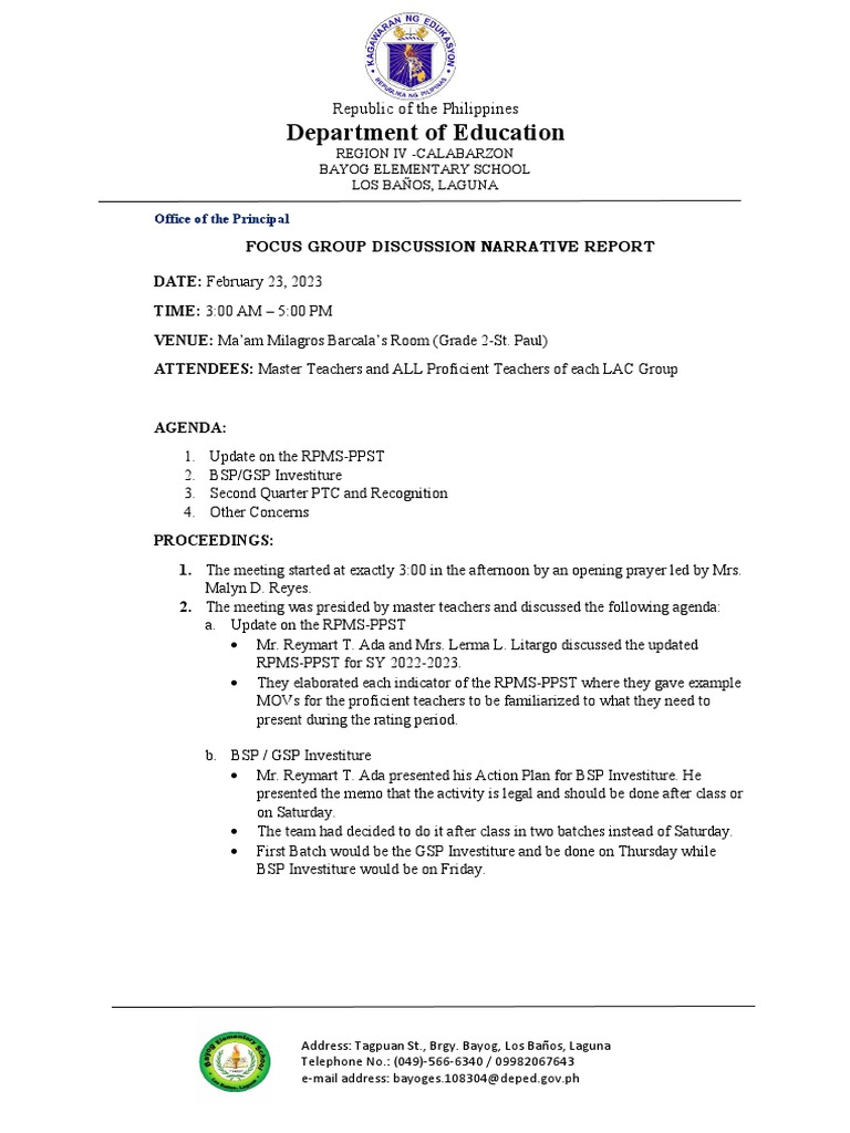 Focal Group Discussion SY 20222023 PDF
