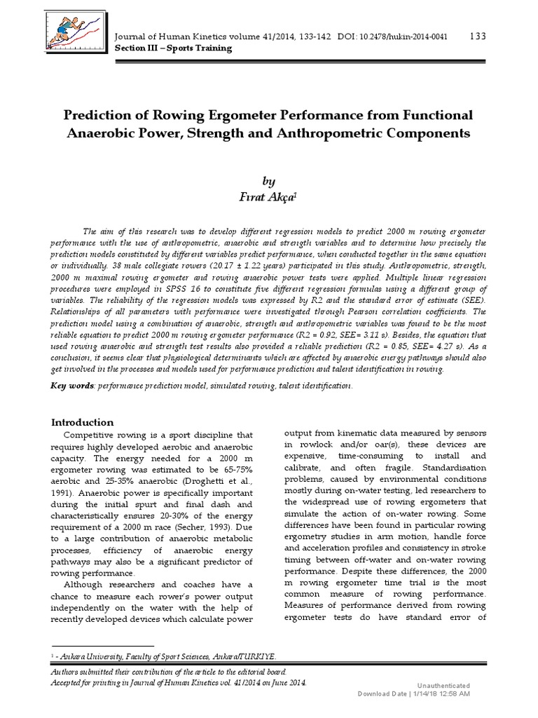 (Journal of Human Prediction of Rowing Ergometer Performance
