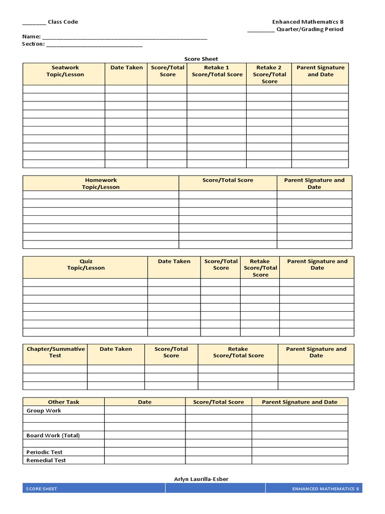 Enhanced Math 8 Score Sheet Template | PDF