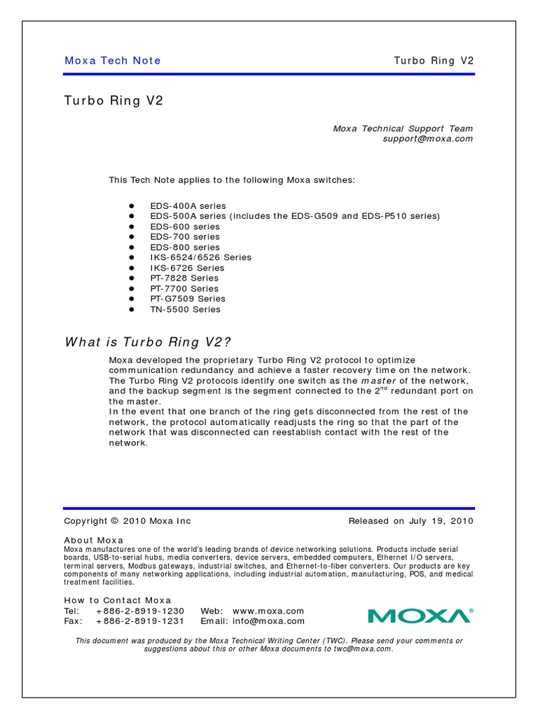 Moxa Turbo Ring v2 Tech Note v1.0 | PDF | Computer Network | Network Switch
