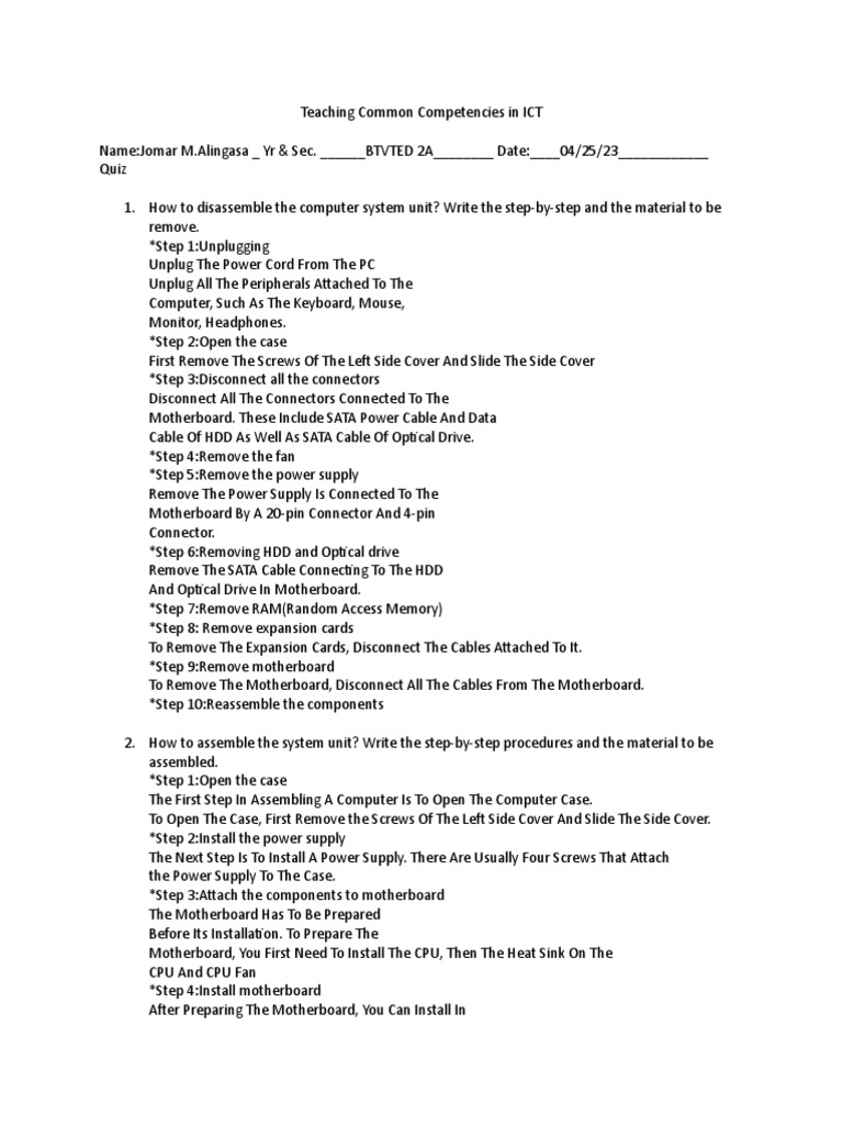 Teaching Common Competencies in ICTQuiz1 PDF Office Equipment