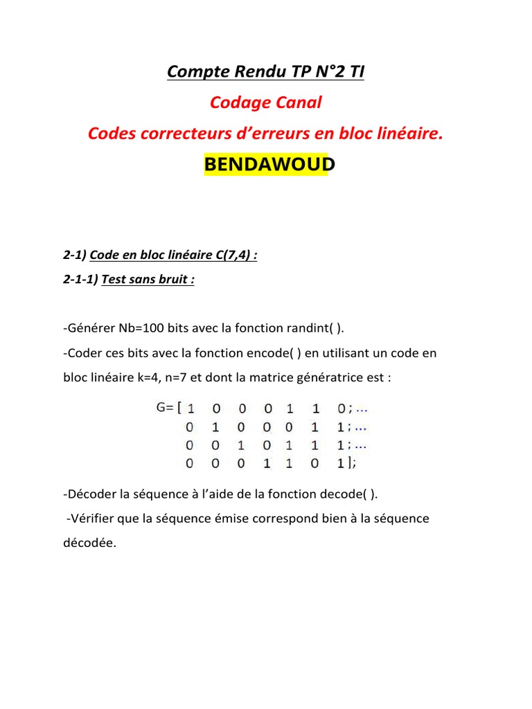 Codage Canal : Codes Linéaires en TP | PDF