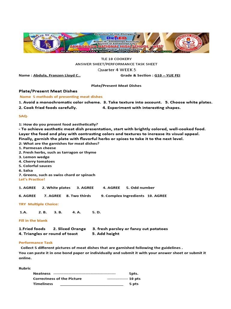 Grade 10 TLE Cookery: Meat Presentation | PDF | Hygiene | Cooking