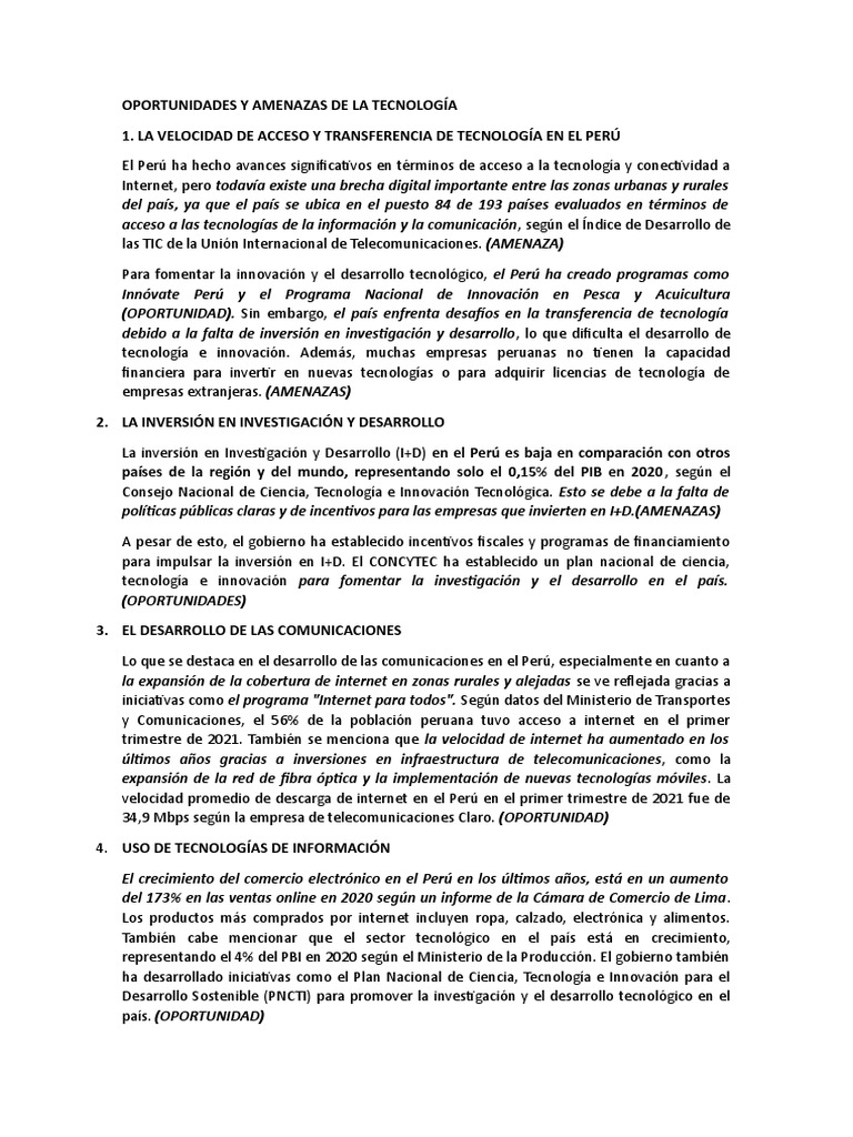 Oportunidades y Amenazas de La Tecnoligia | PDF | Internet | Perú