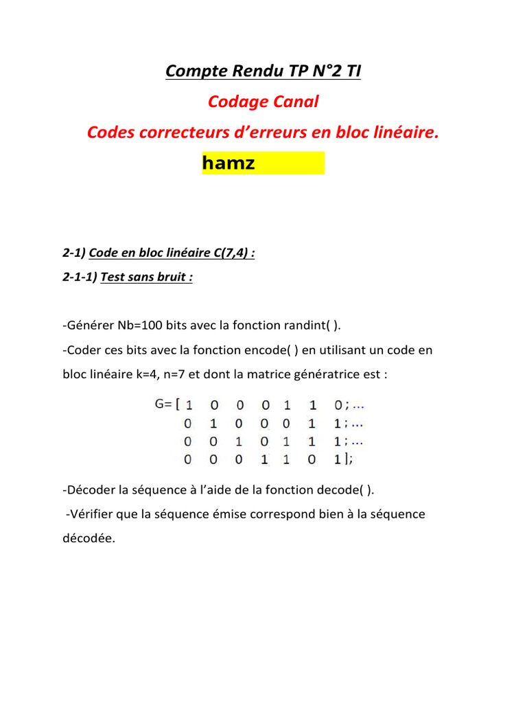 Codage Canal : Tests de Codes Linéaires | PDF | Méthodes et références ...