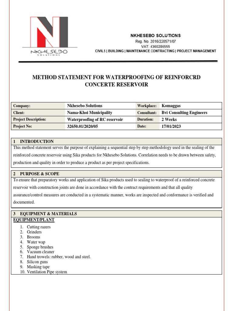 Method statement for waterproofing of reinforced concrete reservoir