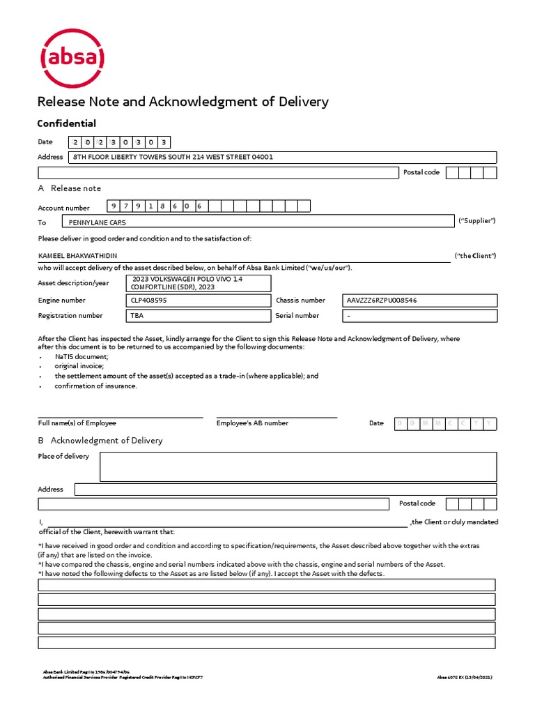 Absa Bank Asset Delivery Release Note | PDF | Justice | Crime & Violence