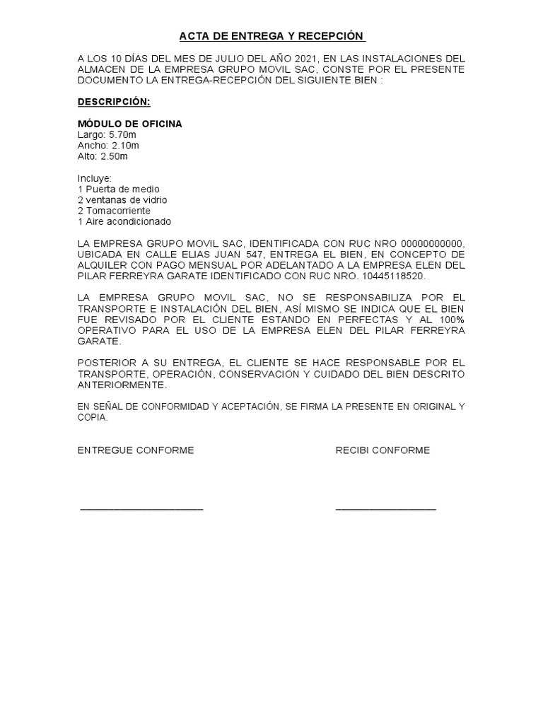 Modelo Acta de Entrega Módulo de Oficina | PDF