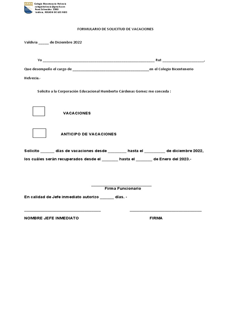 Formulario de vacaciones 2023 pdf