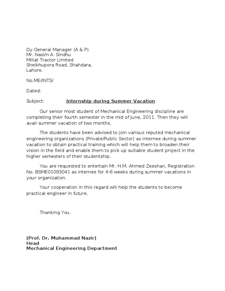 Summer Internship Request for Engineering Student | PDF | Art