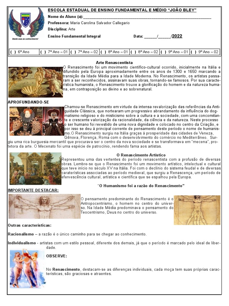 2º Atividade - Arte Renascentista | PDF | Renascimento | Pinturas