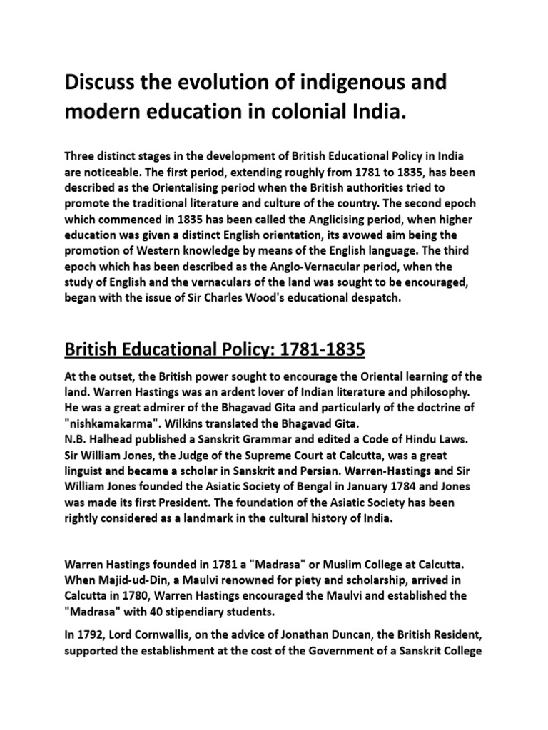 Evolution of Education in Colonial India | PDF
