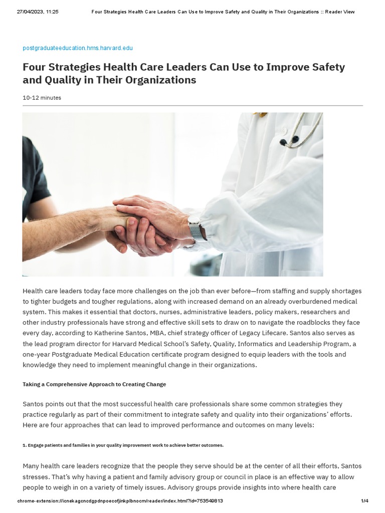Four Strategies Health Care Leaders Can Use to Improve Safety and ...