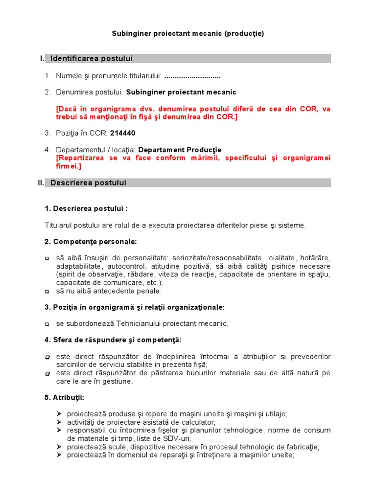 Subinginer Proiectant Mecanic | PDF
