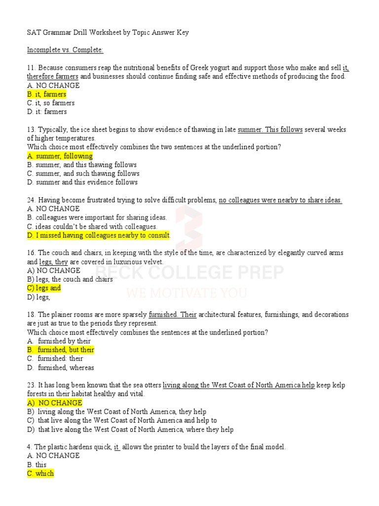 SAT Grammar Drill Worksheet by Topic Answer Key | PDF | Libraries ...