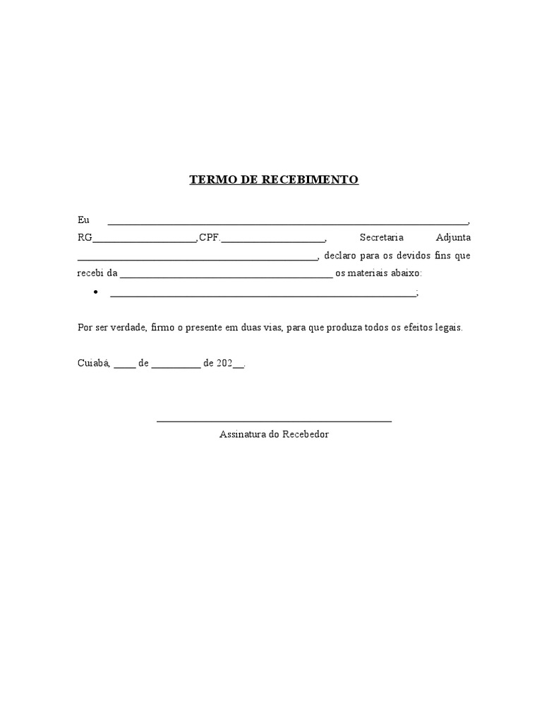 Modelo de termo de recebimento pdf