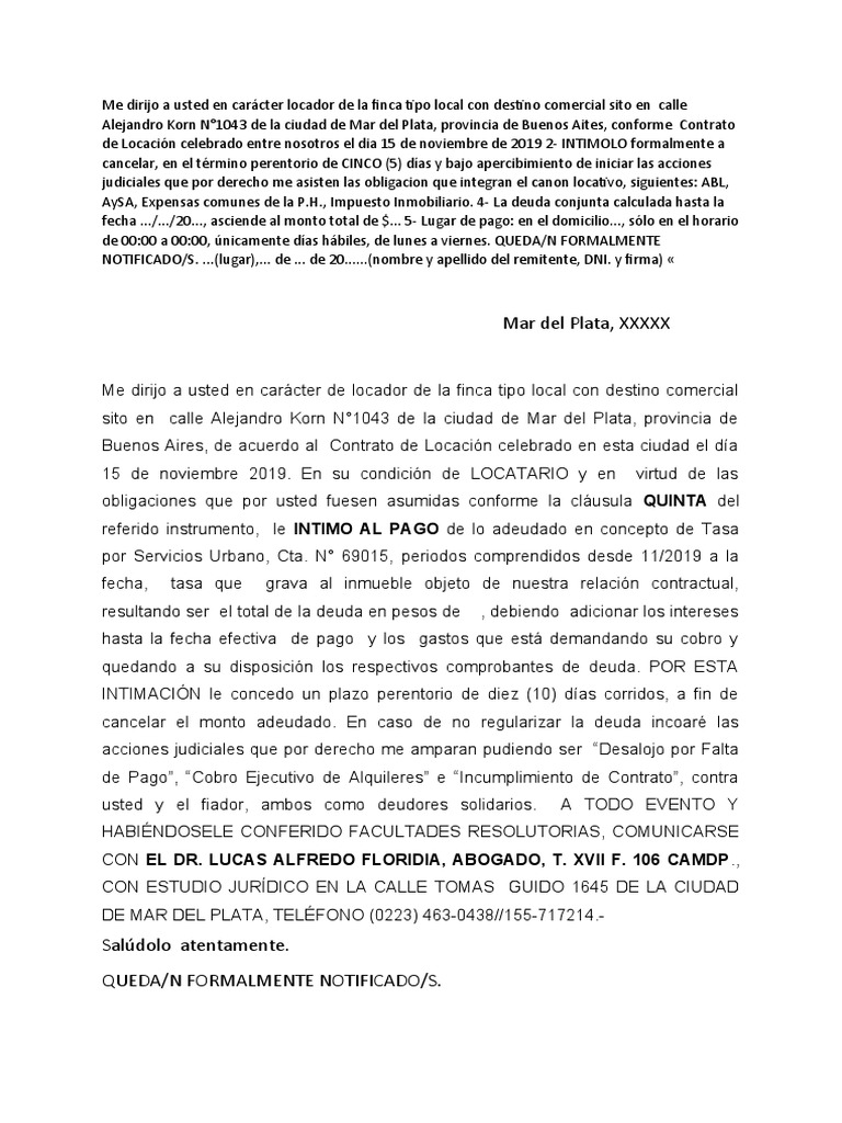 Carta Documento Intimando Pago | PDF | Justicia | Crimen y violencia