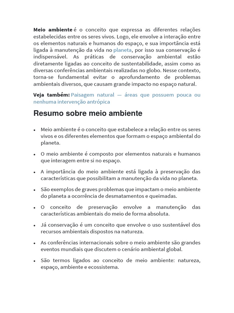 Resumo Sobre Meio Ambiente | PDF | Ambiente natural | Sustentabilidade