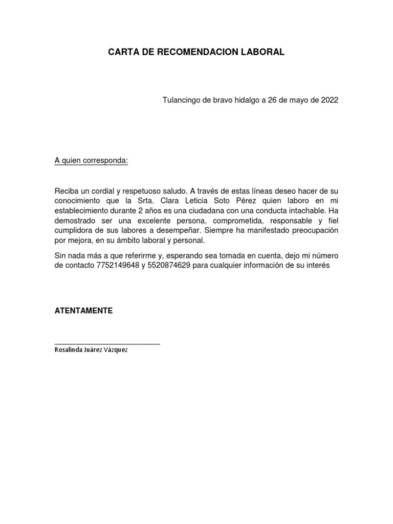 Carta de Recomendacion Laboral | PDF