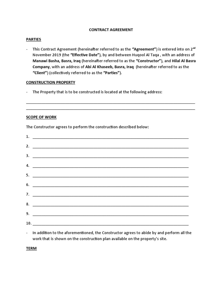 Construction Contract Agreement Template | PDF | Indemnity | Private Law