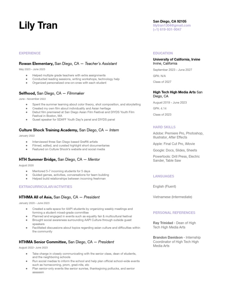 Lily Tran Resume 1 Pdf Communication