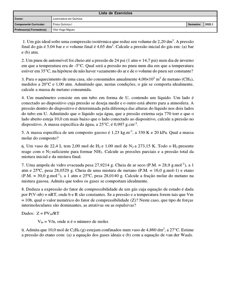 Exercícios de Físico-Química I | PDF | Gases | Pressão