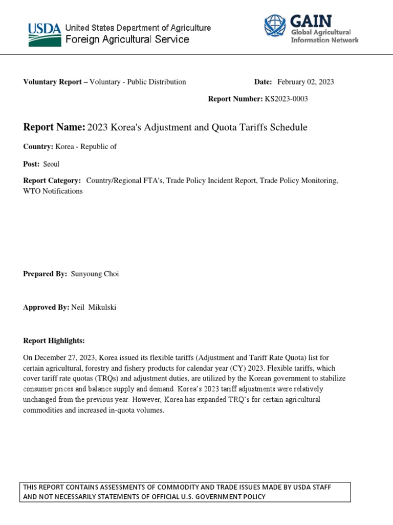 2023 Korea's Adjustment and Quota Tariffs Schedule Seoul Korea