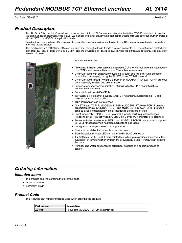 AL-3414 Redundant MODBUS TCP Interface | PDF | Computer Network ...