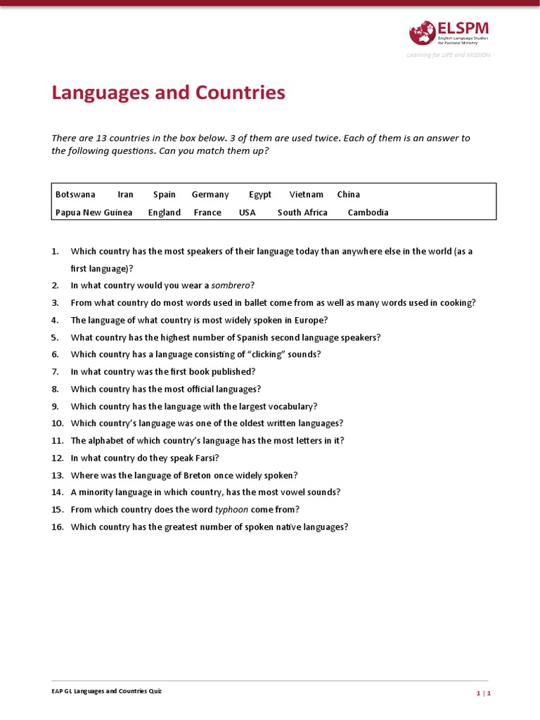 EAP GL Languages and Countries Quiz PDF