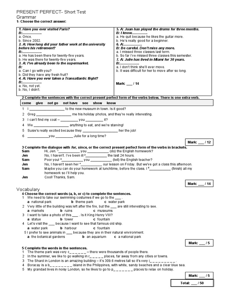 Present Perfect Short Test | PDF | Linguistics | Grammar