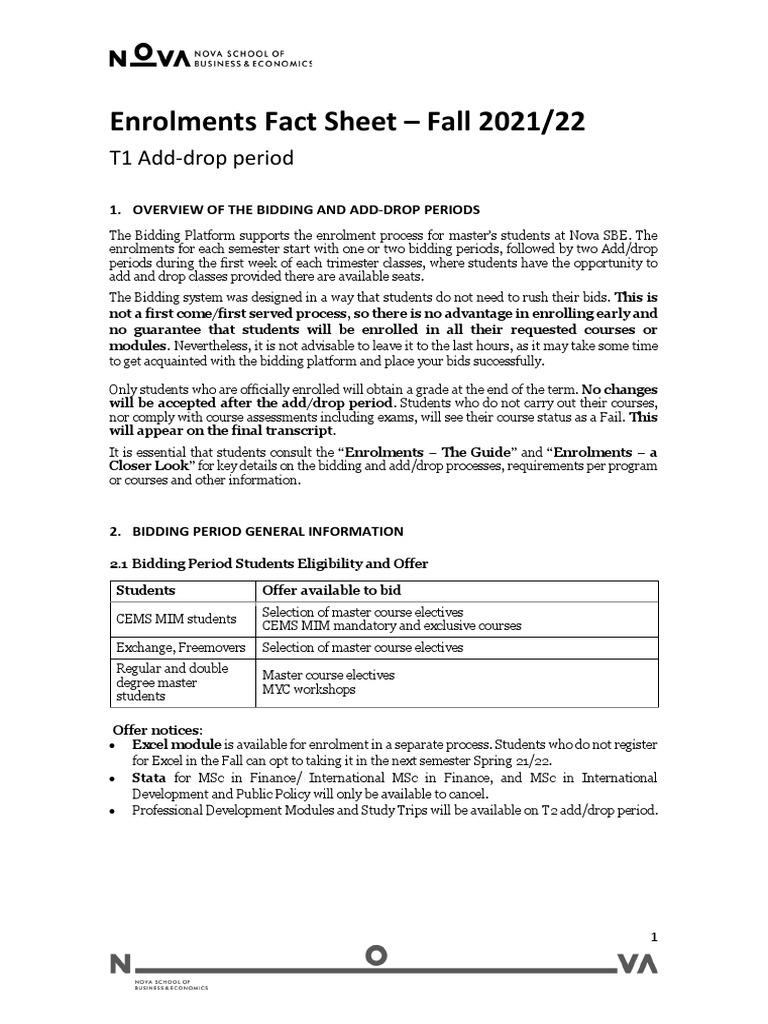 Enrolments Fact Sheet Fall 202122 AddDrop T1 PDF Academic Term