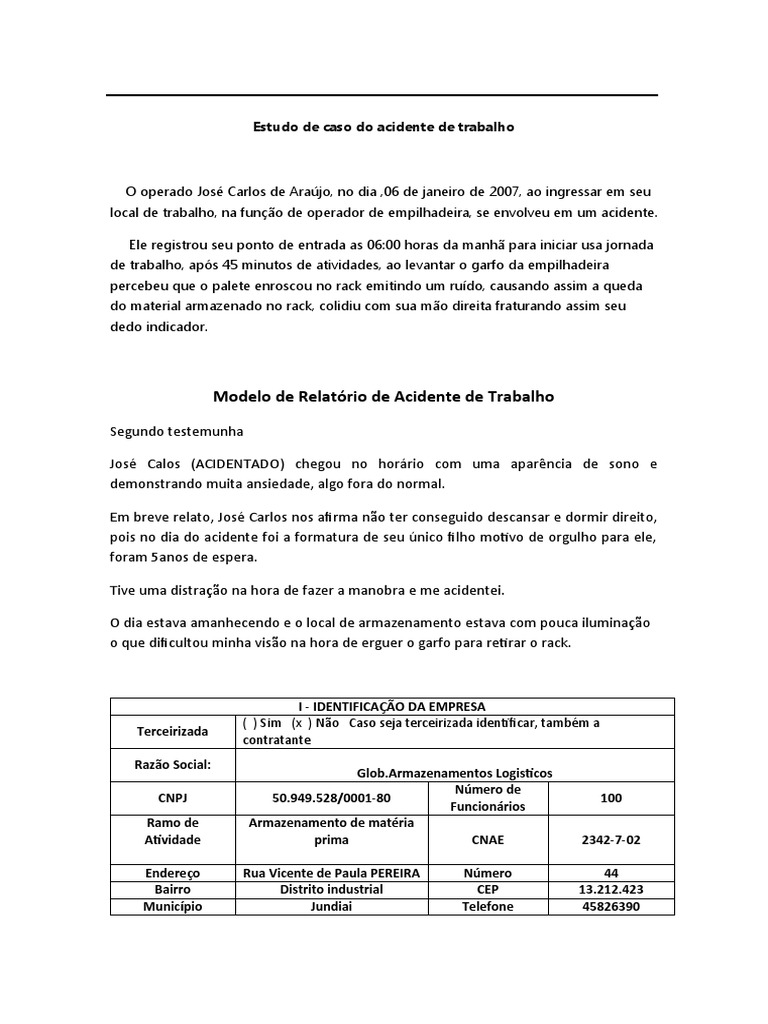 Modelo Relatorio De Acidente De Trabalho Pdf