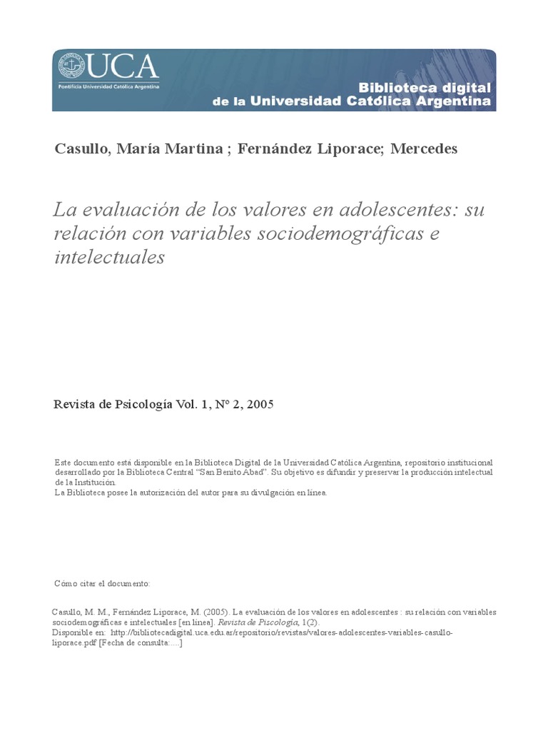 Valores Adolescentes Variables Casullo Liporace | PDF | Socialización ...