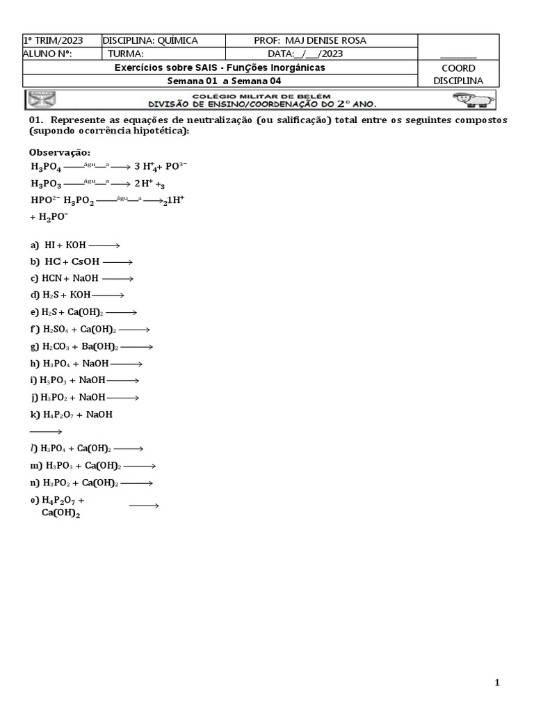Lista de Exercícios - Ácidos | PDF | Sal (Química) | Grupos de ...