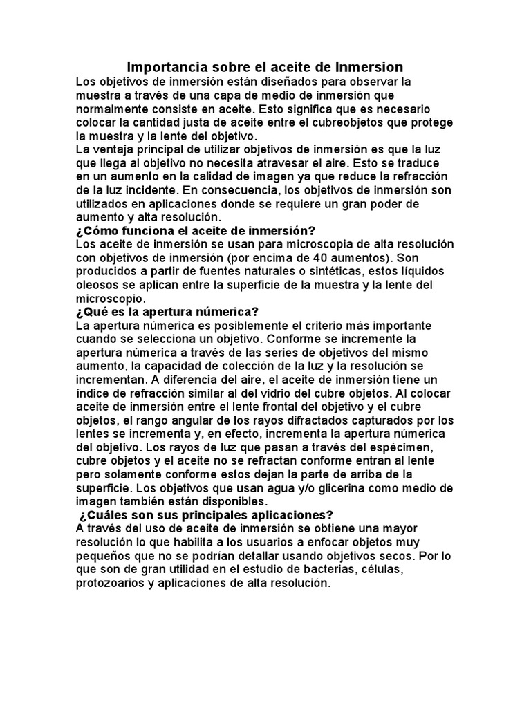 Importancia Sobre El Aceite de Inmersion | PDF