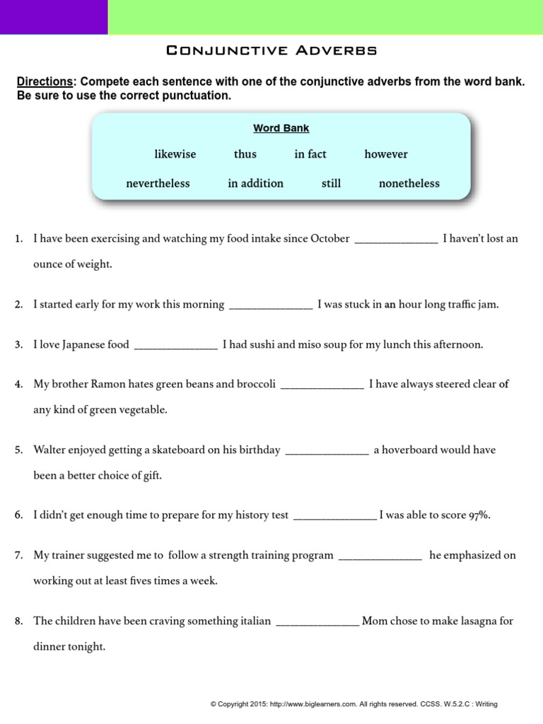 CONJUNCTIVE ADVERBS WORKSHEET PDF WITH ANSWERS visual data 7