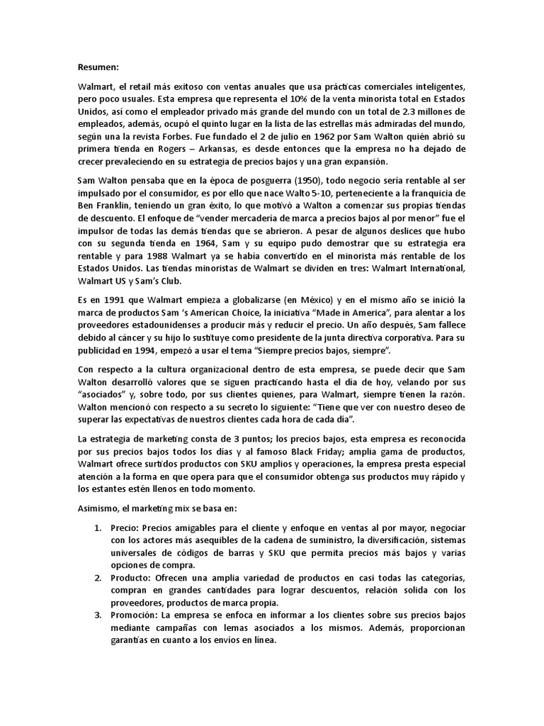 Resumen Walmart PDF Marketing Al por menor