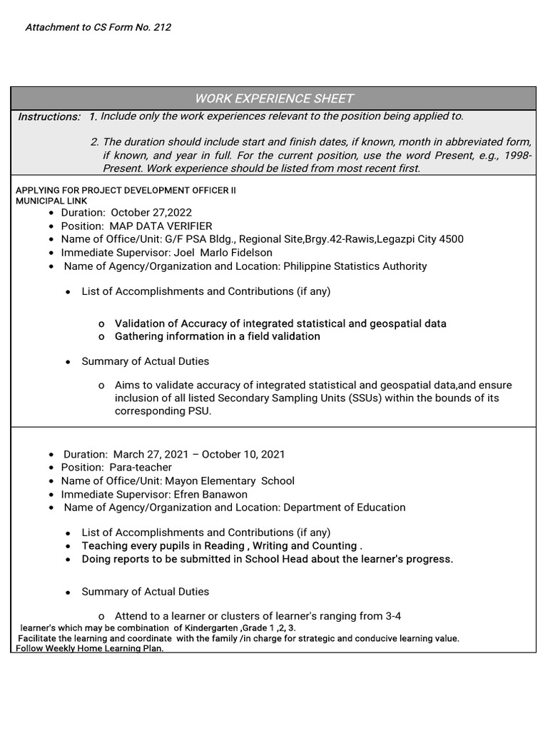 Attachment To Cs Form No. 212 Work Experience Sheet Download