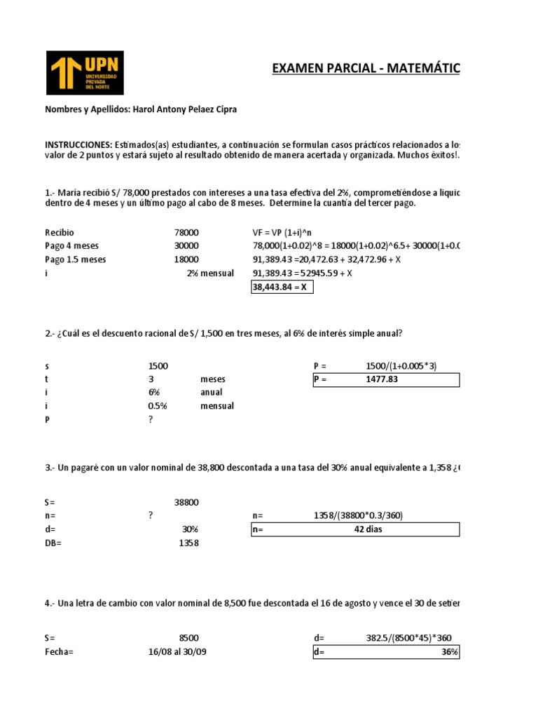 Examen Parcial de Matemática Financiera | PDF | Negocios económicos ...