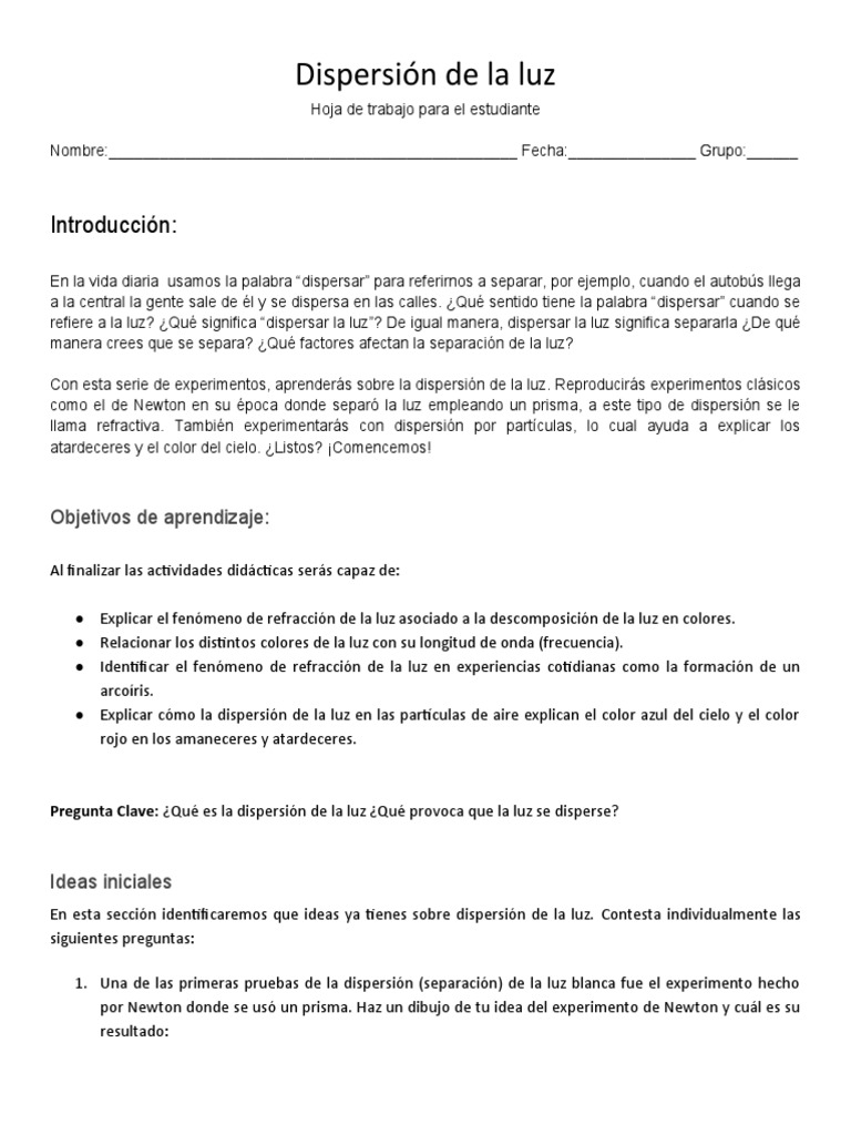 Experimentos sobre la dispersión de la luz | PDF | Ligero | Arco iris
