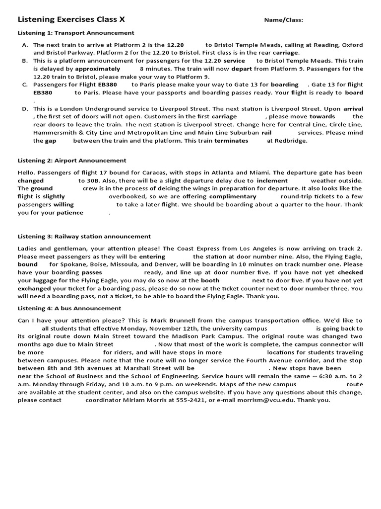 Announcement Listening Exercises Class X PDF Land Transport