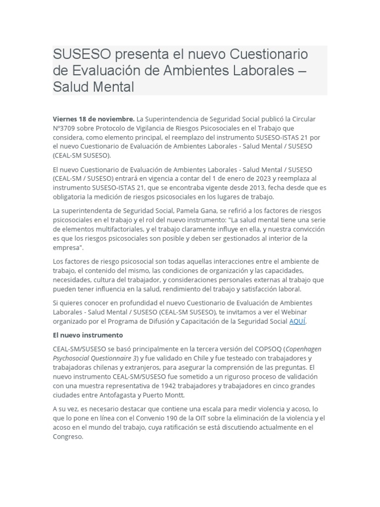 Suseso Presenta El Nuevo Cuestionario De Evaluación De Ambientes