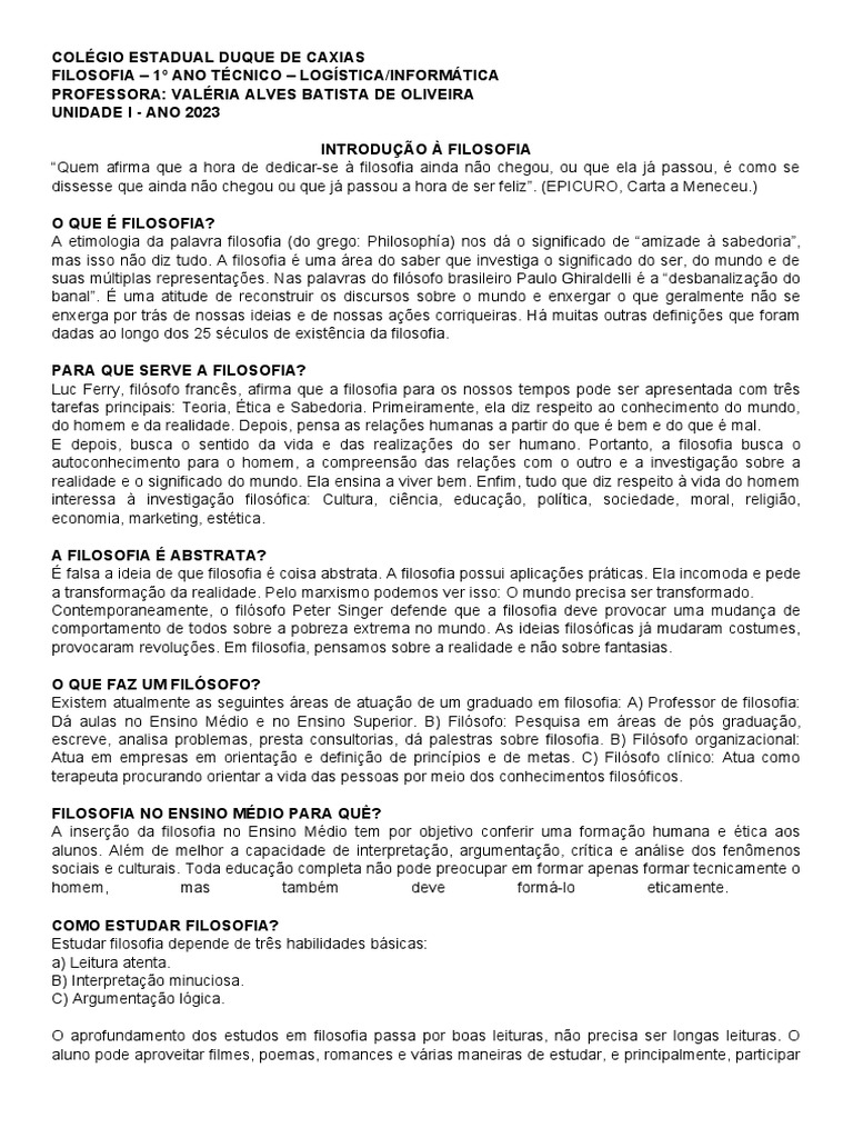 APOSTILA DE FILOSOFIA 2023 UNIDADE 1 | PDF | Sócrates | Autoimagem